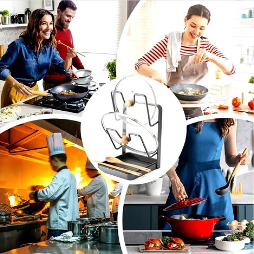 YAGUAN Double Layer Kitchen Pot Lid Storage Rack, 304 Stainless Steel Pot Lid Holder While Cooking, Kitchen Pot Lid Storage Rack for stove top, Multifunctional Kitchen Pot Lid Organizer for Countertop