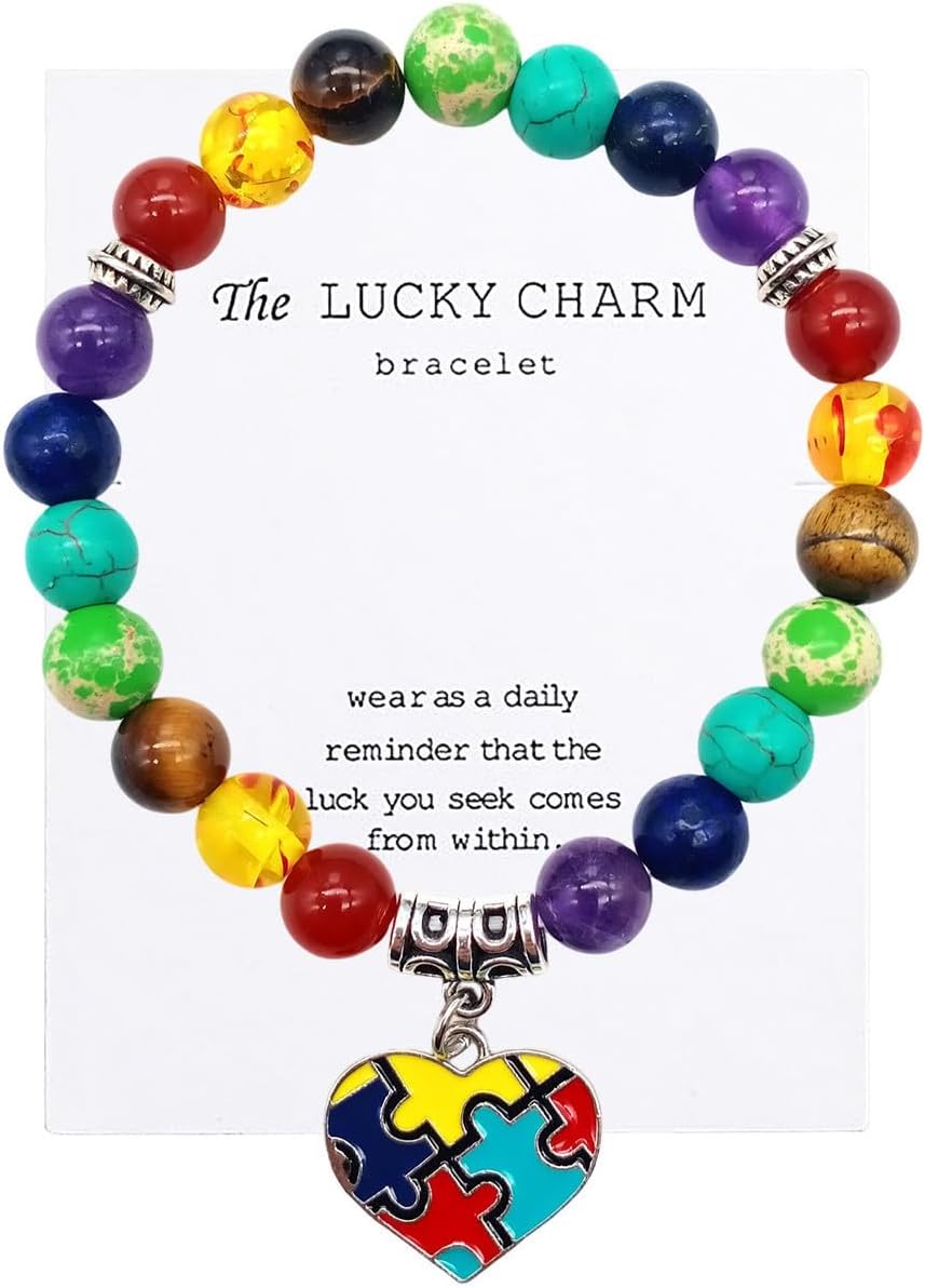 Skiennix Autism Awareness 7 Chakra Gemstone Bracelet - Heart & Ribbon Design for Yoga & Meditation
