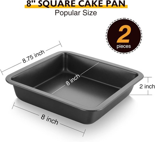 HONGBAKE Nonstick 8x8 Cake Baking Pan Set - Heavy Duty Square Brownie Pans with Wider Grips | 2 Pieces, Grey