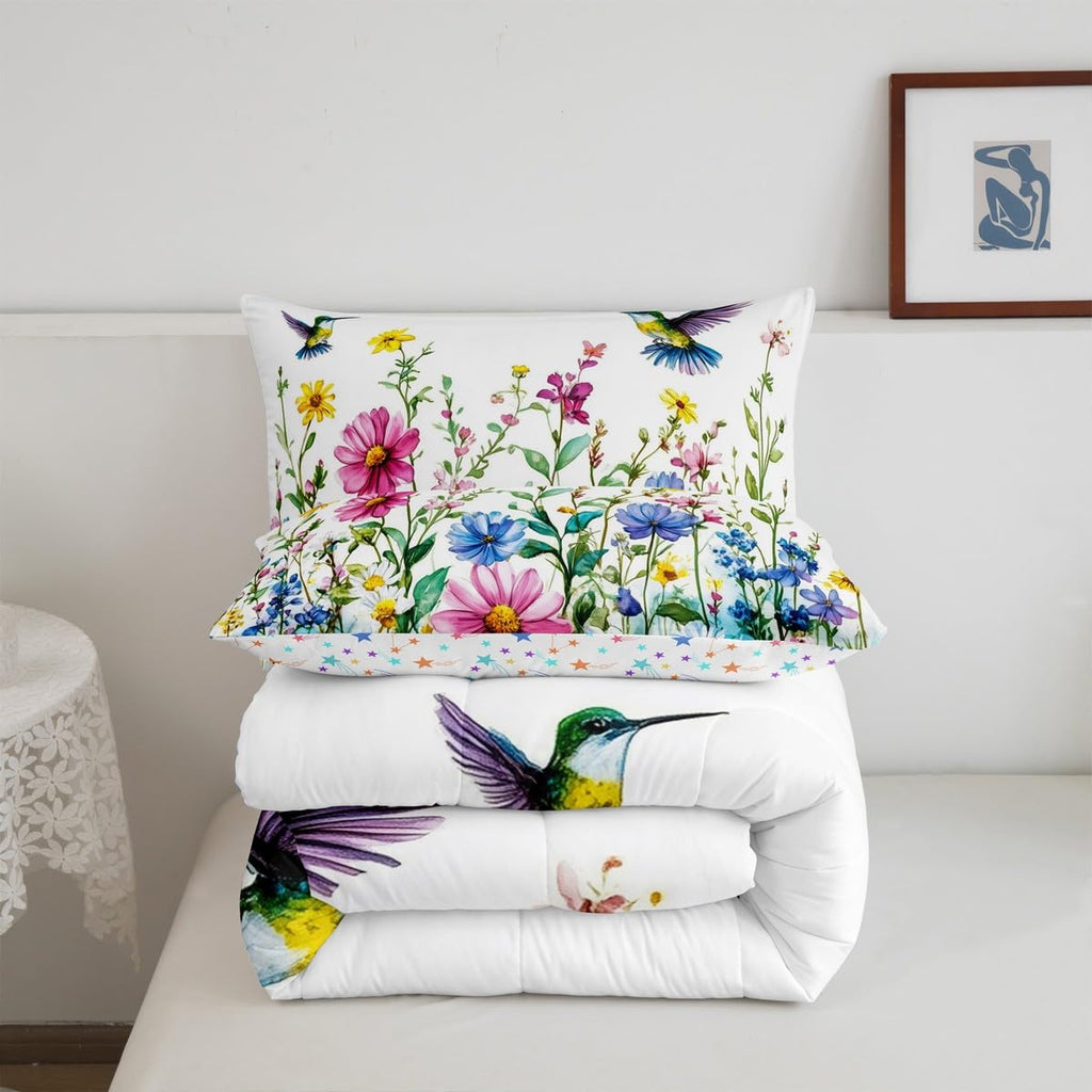 Feelyou Flower Bedding Set Twin Size Hummingbird Comforter Set for Kids Boys Girls Tropical Birds Comforter Hummingbird Flowers Duvet Set White