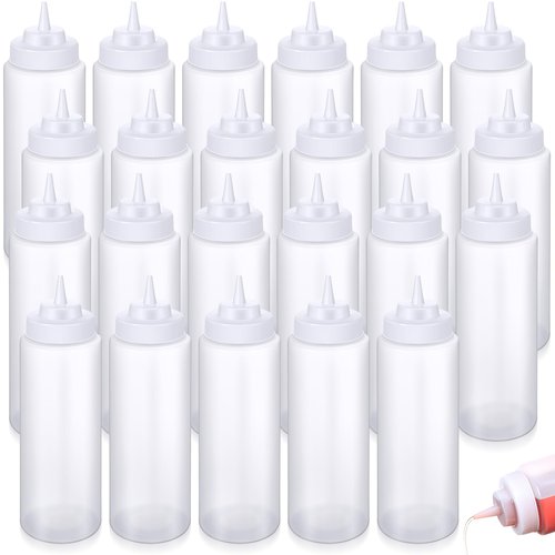 Singhoow 24 Pcs 32 oz Squeeze Bottle Large Plastic Wide Mouth Squeeze Bottles for Condiment Sauces Chocolate Ketchup Mustard BBQ Grill Restaurant (Clear)