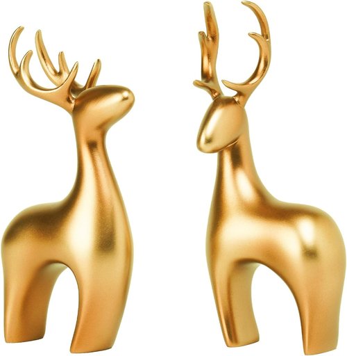 Braxio Deer Statue | 2-Piece Gold Resin Reindeer Sculpture for Home Decor & Office Accent