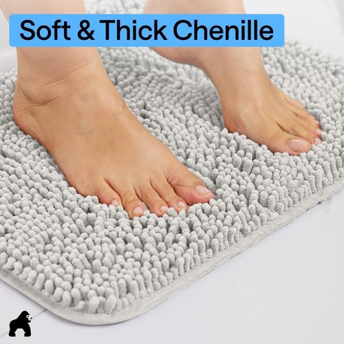 GORILLA GRIP Bath Rug Mat - Soft Absorbent Chenille | Quick Dry Microfiber, 48x24, Light Gray