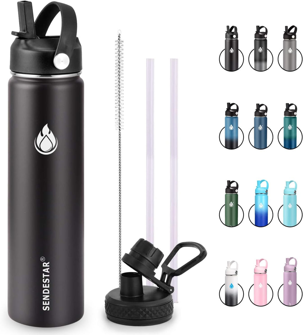 SENDESTAR Insulated Water Bottle - 24 Oz Double Wall Vacuum Stainless Steel | Keeps Drinks Hot or Cold (Black)