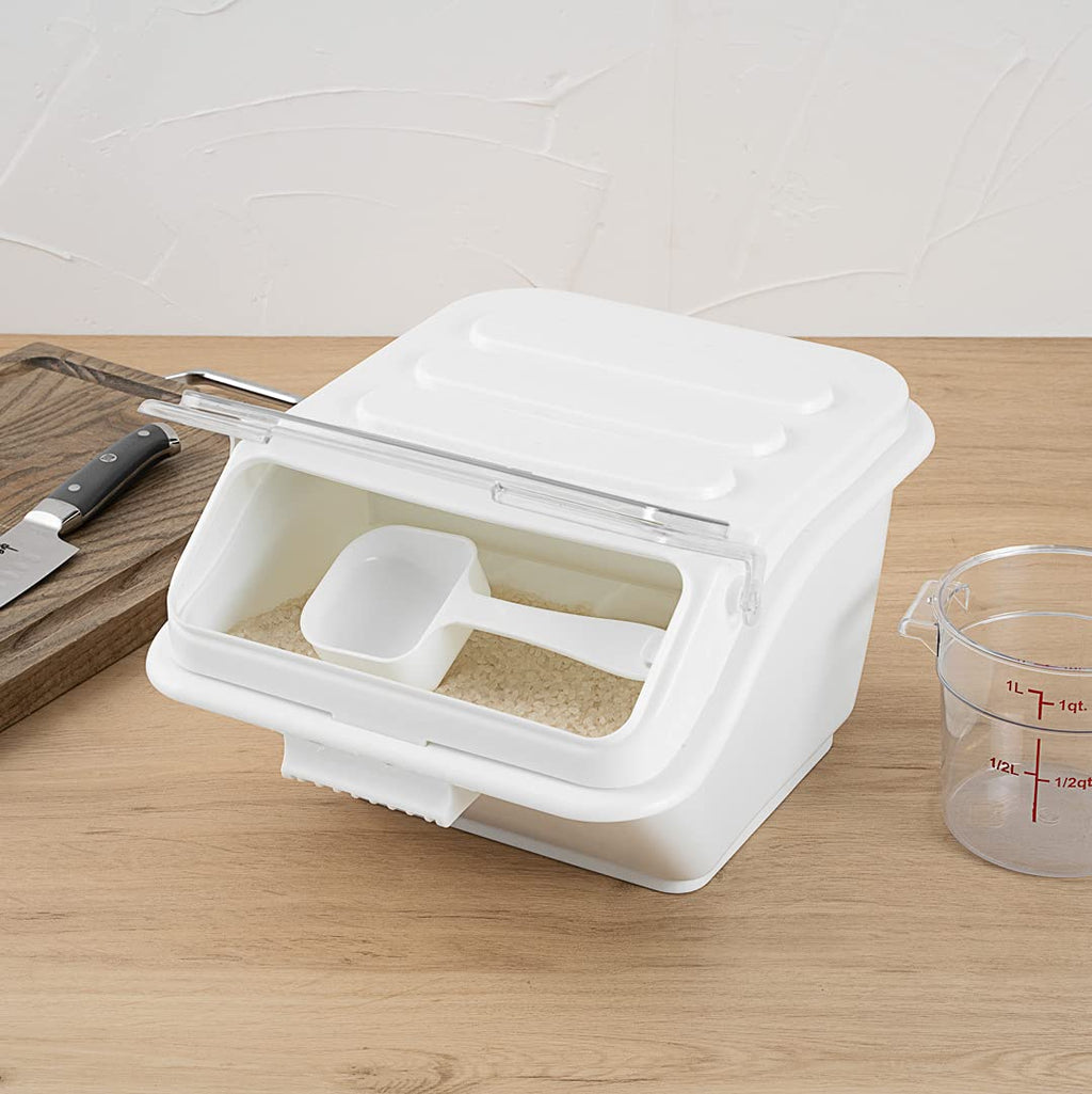 Restaurantware Met Lux 2.6 Gallon Ingredient Bin 1 With Lid Food Storage Bin - With Measuring Scoop Stackable White Plastic Commercial Flour Bin Easy Access For Kitchen Or Storage