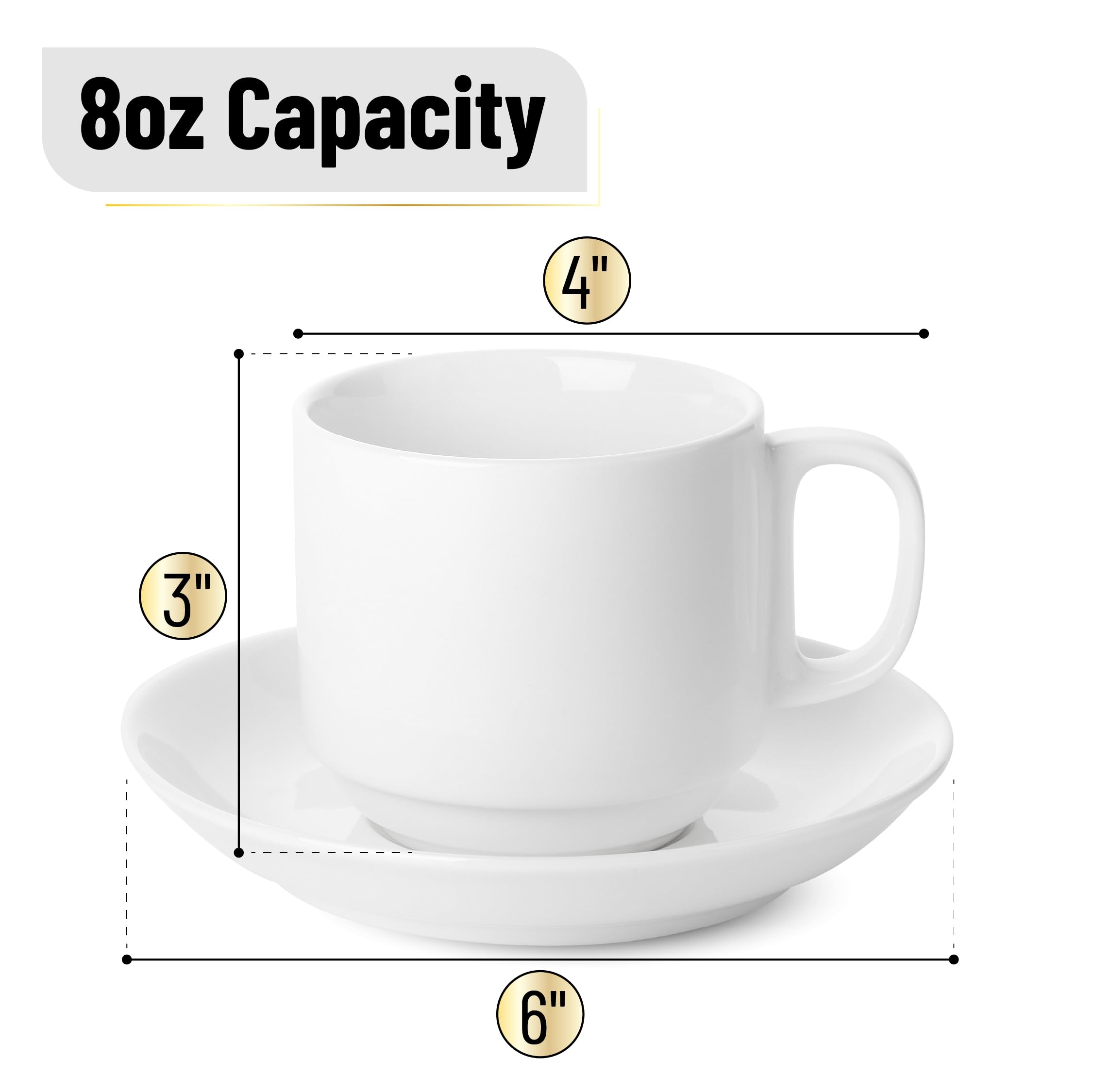 BTaT- Stackable Tea Cups and Saucers, White, Set of 6 (8 oz), Cappuccino Cups, British Coffee Cups, Porcelain Tea Set