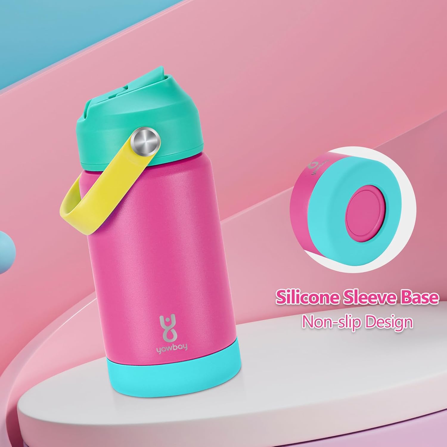 Skiennix Kids Insulated Water Bottle - 12oz Leak-Proof Design with Straw Lid & Silicone Handle | Rose Pink