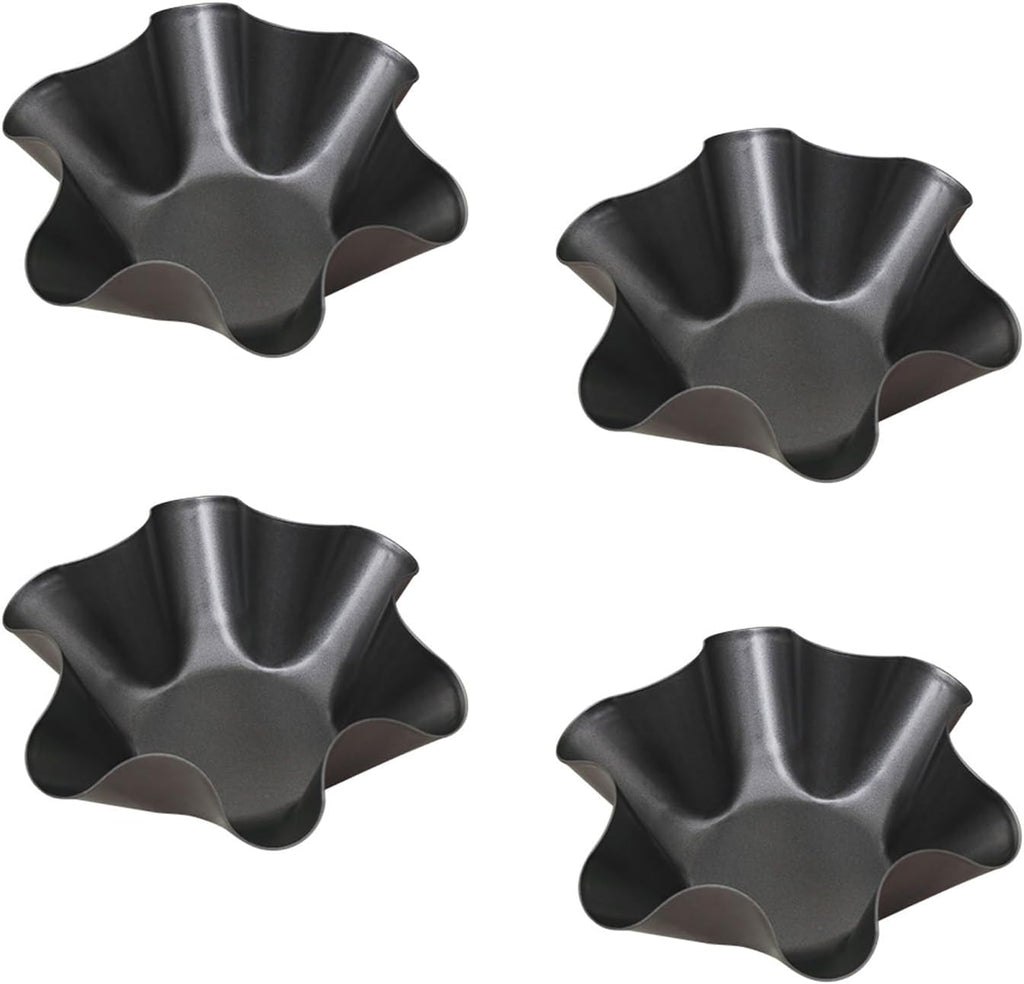 Skiennix Tortilla Pan Set - 4-Piece Non-Stick Carbon Steel Taco Shell Makers | Black Flower-Shaped Molds (16.5x7.5x6cm)