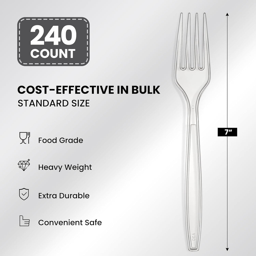 Regine Switzerland Extra Heavy Duty Clear Plastic Forks - 240 Count, BPA-Free & Heat Resistant Utensils for Events