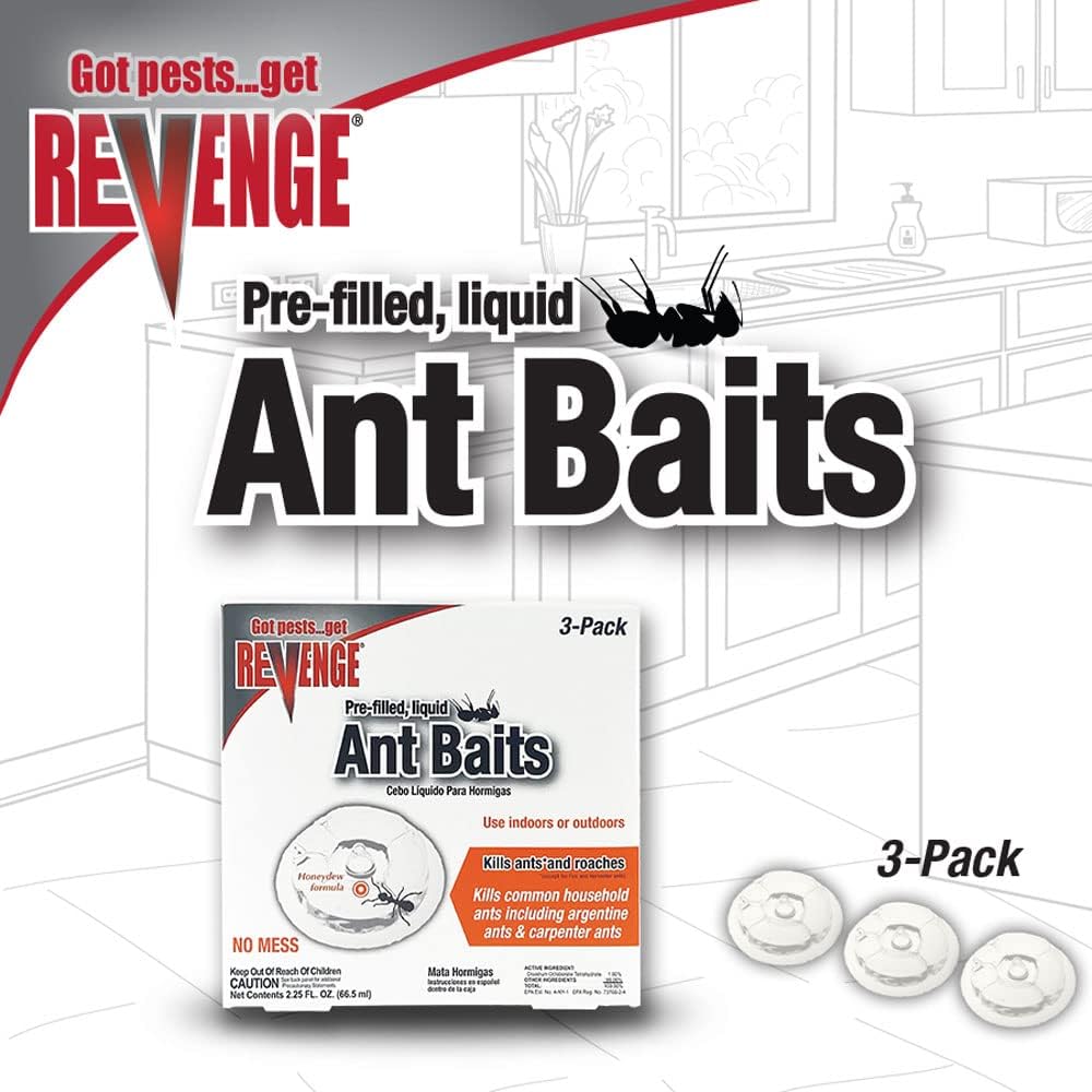 REVENGE Liquid Ant Bait Stations - Pack of 3, Ready-to-Use Indoor & Outdoor Trap, Kills Ants & Roaches