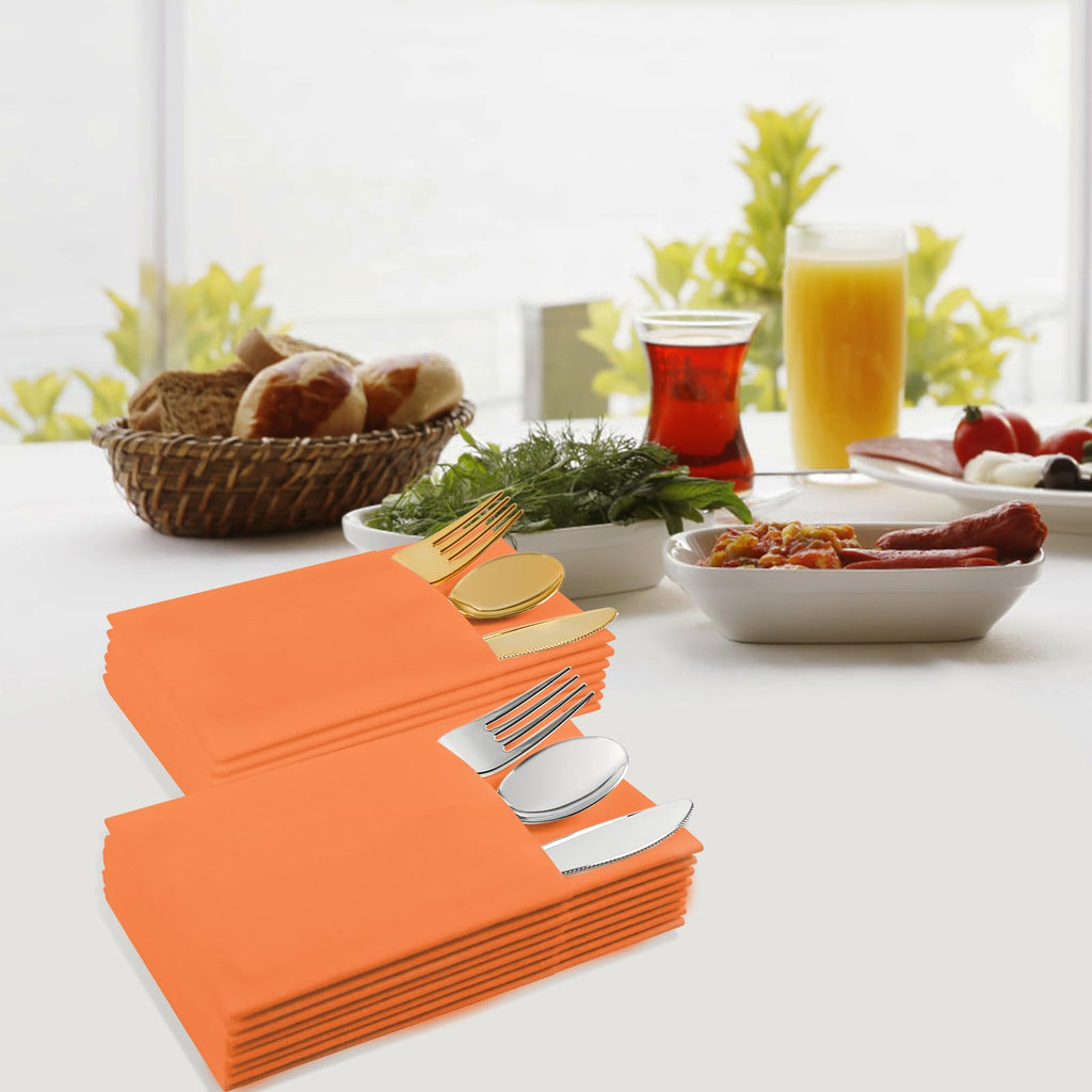 Orange Dinner Napkins Disposable - 50Pack Linen-Feel Paper Napkins with Built-in Flatware Pocket, Prefolded Cloth Like Paper Napkins Bulk For Dinner, Wedding, Party or Everyday Use(Orange)