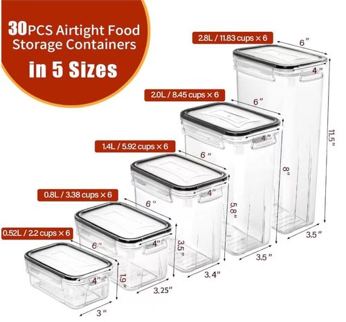 PRAKI 30 Pack Airtight Food Storage Containers for Kitchen Pantry Organizers and Storage, Plastic Kitchen Storage Canisters with Lids,Cereal, Flour & Sugar Containers - Labels, 6 Spoon & Marker