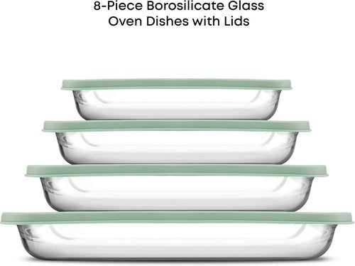 JoyJolt 8-Piece Borosilicate Glass Baking Dish Set - Deep Rectangle Dishes with Sage Green Lids | Oven & Freezer Safe