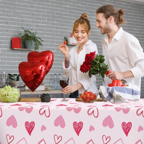 Valentines Tablecloth, 3Pack Valentines Day Tablecloth Decorations, 54x108 Inch Pink Heart Valentine Table Cloth Rectangle Disposable Table Cover for Valentine's Day Anniversary Wedding Party Supplies