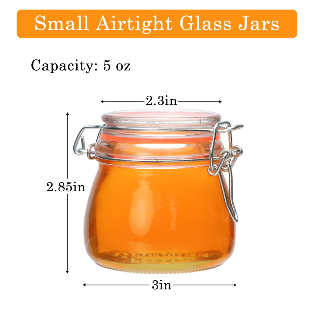 Flrolove 5oz 6pack Glass Jars with Airtight Lid, Glass Food Storage Containers with Lids, Mason Jars, Wire Clip Fastening for Cereal, Flour, Cookie, Spice, Honey, Kitchen Canning