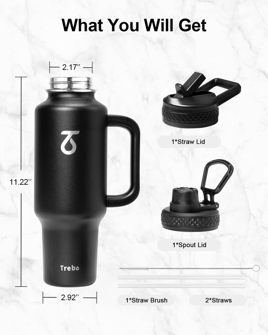Trebo 40 oz Insulated Water Bottle - Stainless Steel Travel Flask with Handle & Leakproof Lid | Black