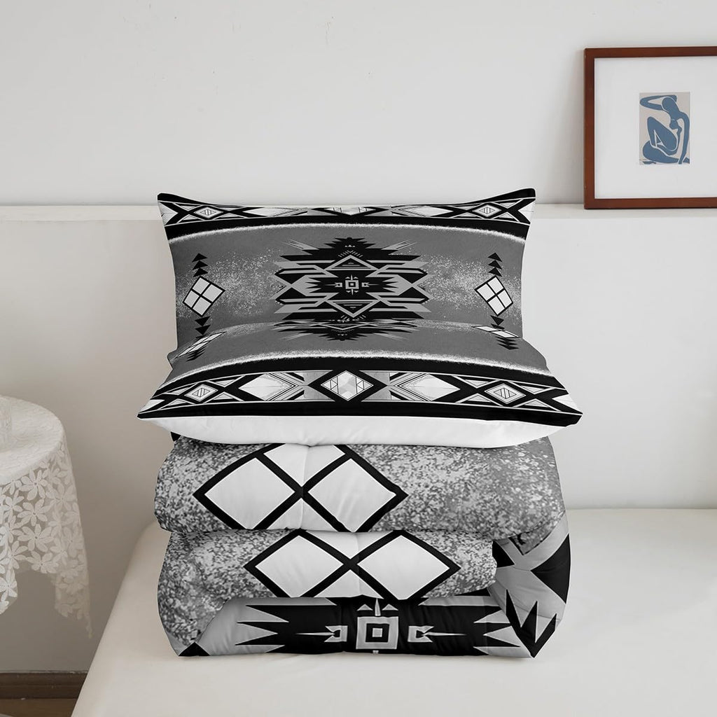 Manfei Tribal Ethnic Comforter Set Queen Size, Southwestern Native American Tribal Quilt Set with 2 Pillowcases, Abstract Geometric Bedding Set 3pcs for Kids Boys Lightweight Duvet Insert