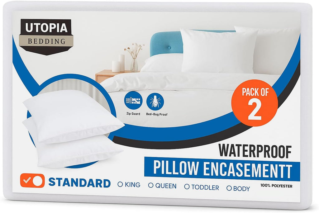 Utopia Bedding Pillow Protectors - Set of 2 Zippered Standard Size, Waterproof & Bed Bug Proof (White)