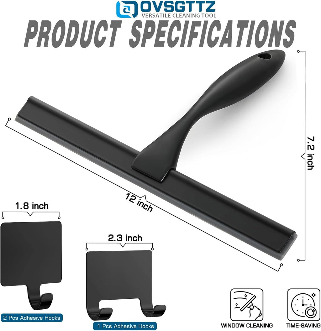 Skiennix Stainless Steel Shower Squeegee - 12 Inch Black with 3 Adhesive Hooks for Glass & Tiles