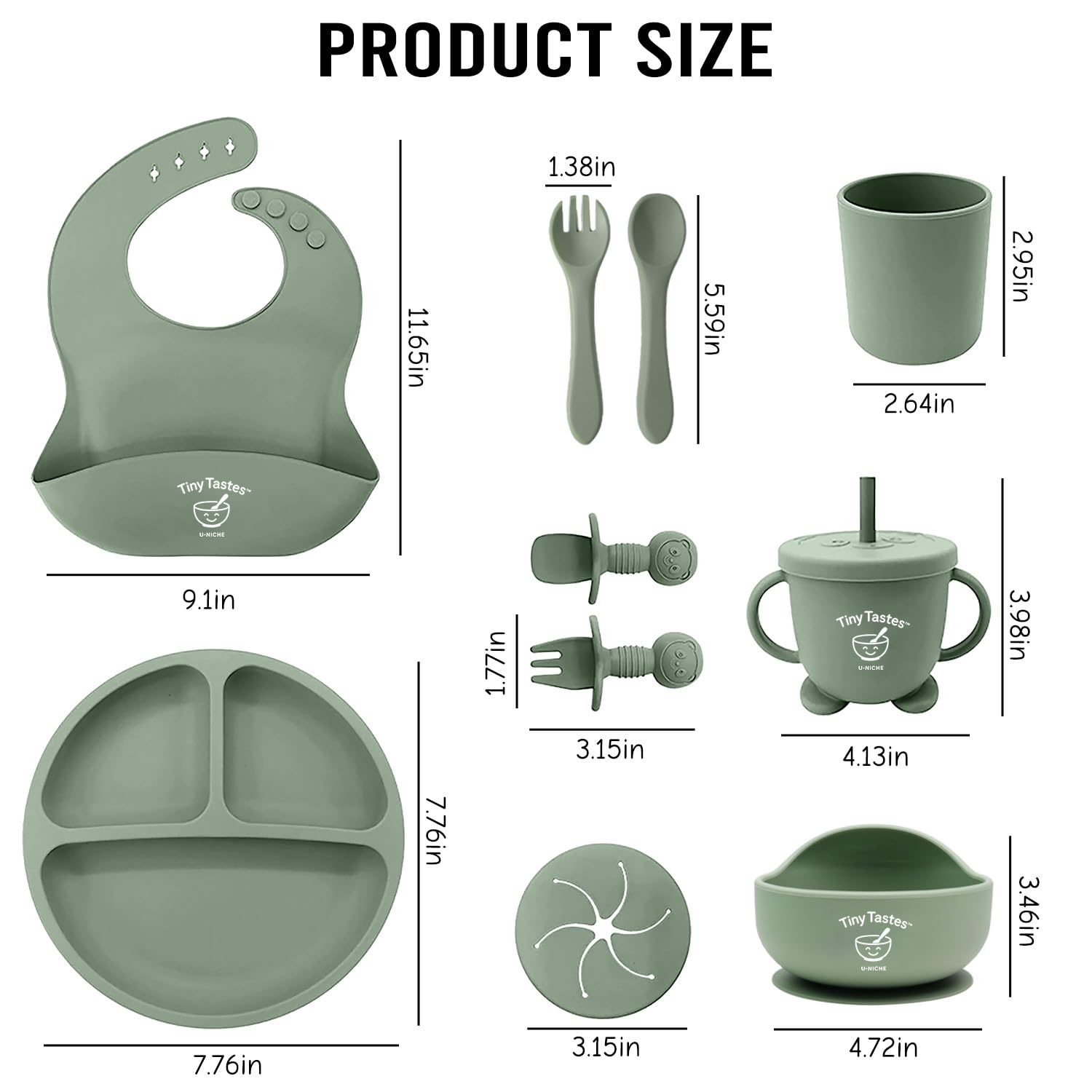 Tiny Tastes 10-Piece Silicone Baby Feeding Set – BPA-Free, Spill-Proof Suction Plate, Bowl, Bib, Snack Cup & Utensils | Dishwasher Safe, Baby Gift Ready (Green)