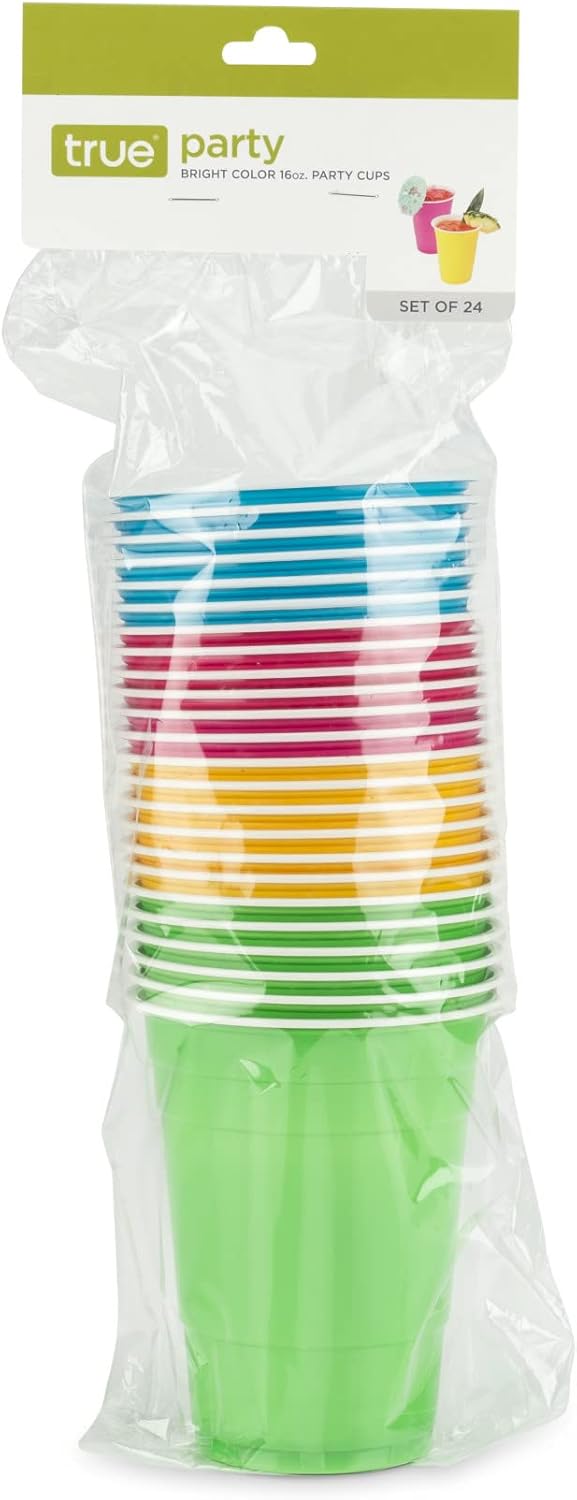 True Party Disposable Plastic Cups - 16 oz Set of 24 for Beers, Cocktails & Beverages | Multicolor