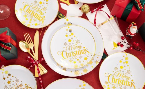 Hioasis 175pcs HChristmas Plastic Plates - Elegant Disposable Dinnerware Set Suitable for 25 Guests Include 10.25" Dinner & 7.5" Dessert Plates, Knives,Forks,Spoons, Cups,Napkins for Christmas
