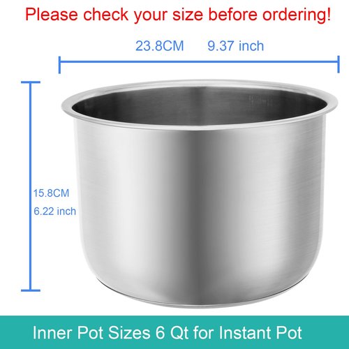 Stainless Steel Inner Pot for Instant Pot 6QT, Upgrade Replacement Pot for Instant Pot 6 Quart, Food Grade 304 (18/8) Stainless Steel Insert for Instantpot with Thick Bottom, Non-Toxic (No Teflon)