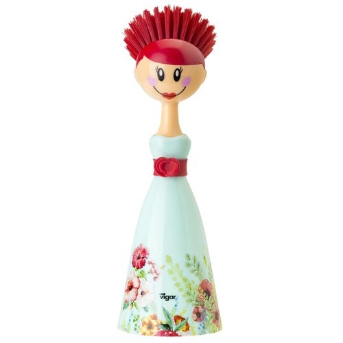 Vigar Dolls Dish Brush with Ergonomic Handle and Dres-shaped Storage Holder - Scrub Brush for Pans, Pots, Kitchen Sink Cleaning, Blue/Pink