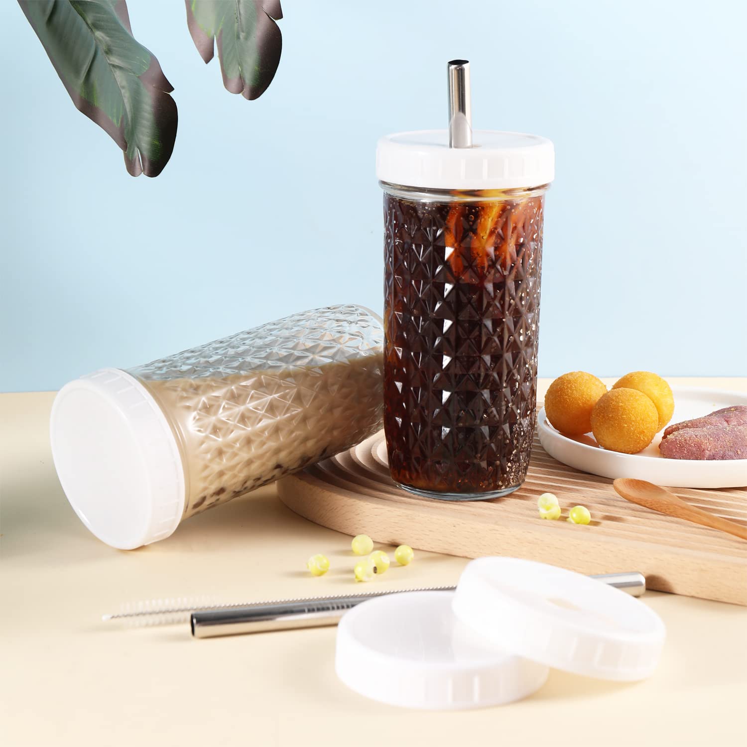 ASANMEYO 2 Pcs 24oz Glass Cups Set, Mason Jar Drinking Glasses with Lids and Straws & 2 Airtight Lids, Cute Reusable Smoothie cups, Iced Coffee Cups, Travel Tumbler for Bubble Tea, Juice, Gift