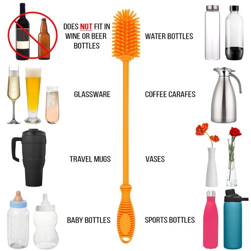 Kitchiny 12.5" Silicone Bottle Brush & Straw Cleaner Brush Set | Water Bottle Cleaner for Hydro Flasks, Tumblers, Glassware, Vases and Narrow Neck Containers