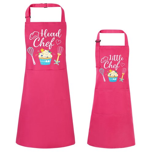 XLSXEXCL 2 Pcs Adults Kids Matching Apron Set, Funny Mommy and Me Aprons, Adjustable Kitchen Apron with 2 Pockets, Parent and Child Matching Gift for Cooking, Baking, Painting (Head Chef-Little Chef)