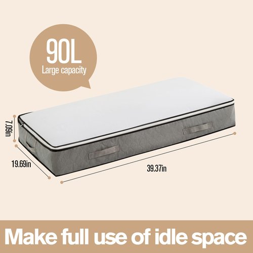 Fasolara 90L Under Bed Storage Containers, Foldable Grey Underbed Storage Bags - Closet Organizers and Storage Bins for Wrapping Paper, Blanket, Clothing, Comforter, Sweaters, Pillows, Linen Sheets