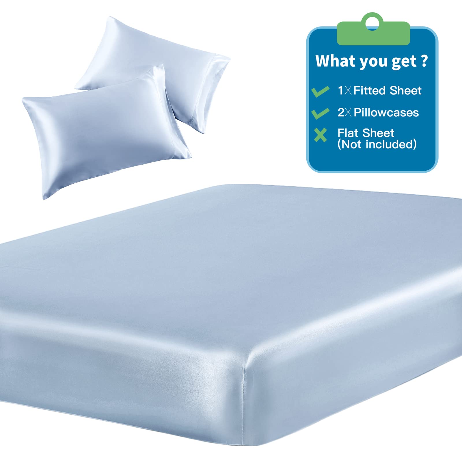 SiinvdaBZX 3-Piece Set Satin Twin XL Fitted Sheet & 2 Pillowcase, Baby Blue Silky Soft Fitted Bottom Sheet Twin Extra Long Bed Sheets, Wrinkle Free, Fade Resistant (Deep Up to 15")