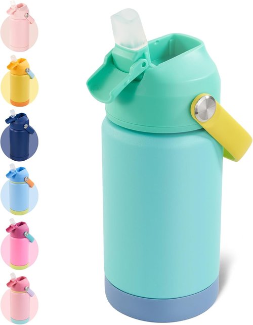 Kerilyn Kids Water Bottle - 12oz Stainless Steel Insulated Cup with Straws | Leak-Proof, BPA Free, Twilight Green