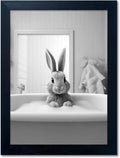 Regine Switzerland Funny Kids Bathroom Wall Art - Cute Black and White Animal Canvas Print | Framed Rabbit in Bathtub Decor