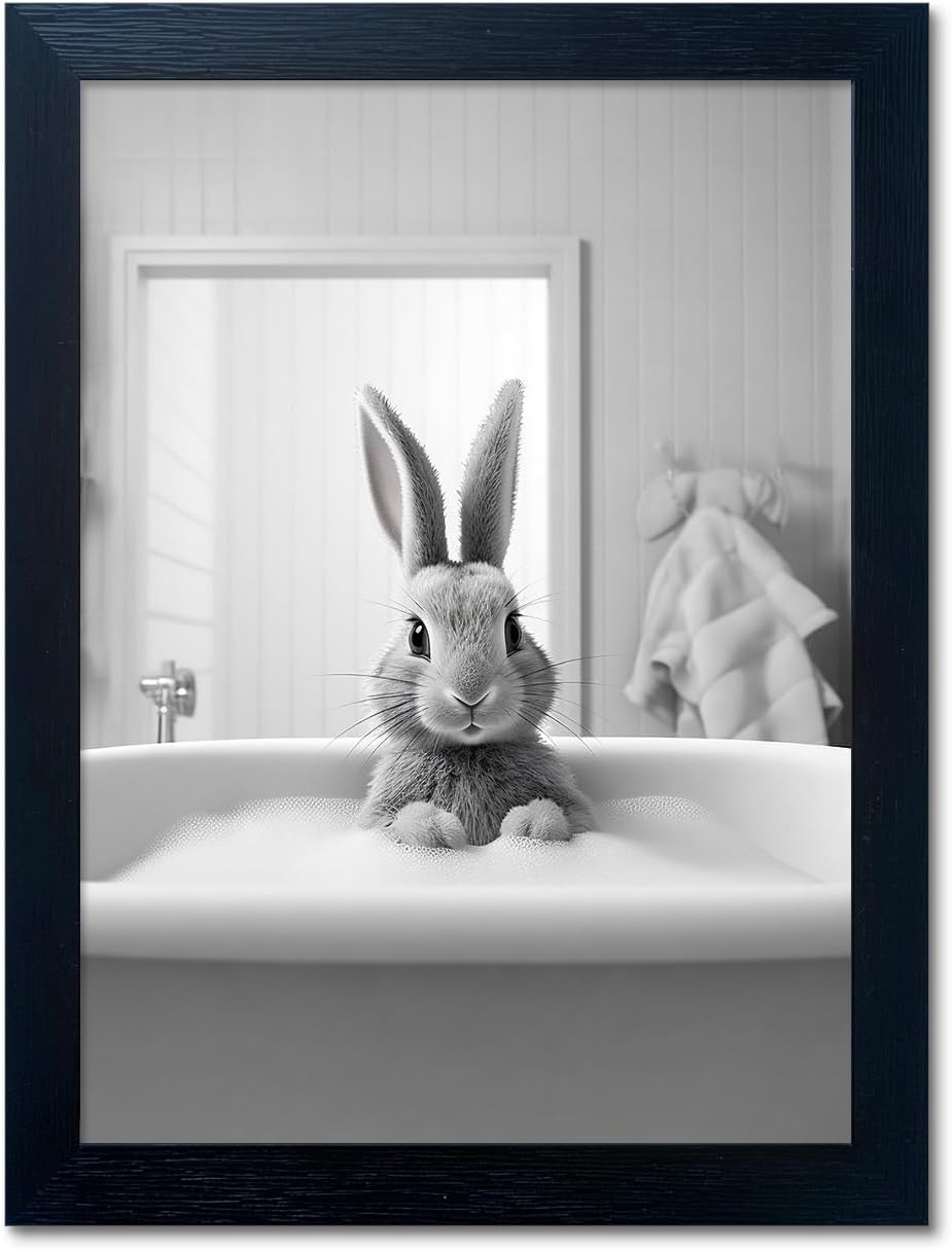 Regine Switzerland Funny Kids Bathroom Wall Art - Cute Black and White Animal Canvas Print | Framed Rabbit in Bathtub Decor