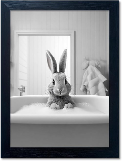 Farmhouse Wall Art | Black and White Cute Animal Canvas - Funny Rabbit in Bathtub Decor