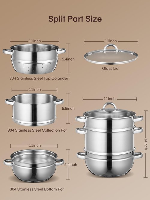 FOHERE 11Qt Steam Juicer Extractor Stainless Steel, Juice Steamer Pot for Fruit & Vegetables with Glass Lid, Hose, Clamp, Loop Handles, Ideal for Making Fresh Juice, Jelly, and Sauces