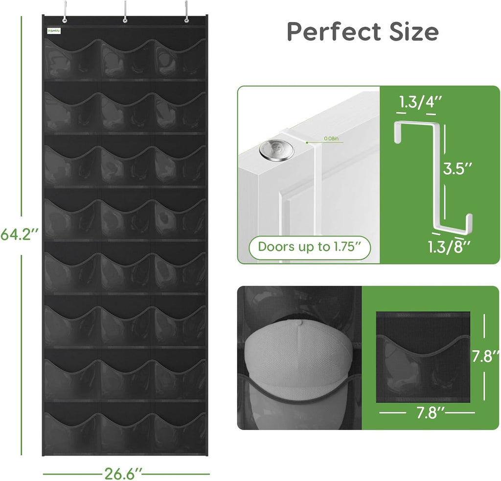 Unjumbly Baseball Hat Rack - 24 Pocket Over-The-Door Organizer with Clear Pockets | Black