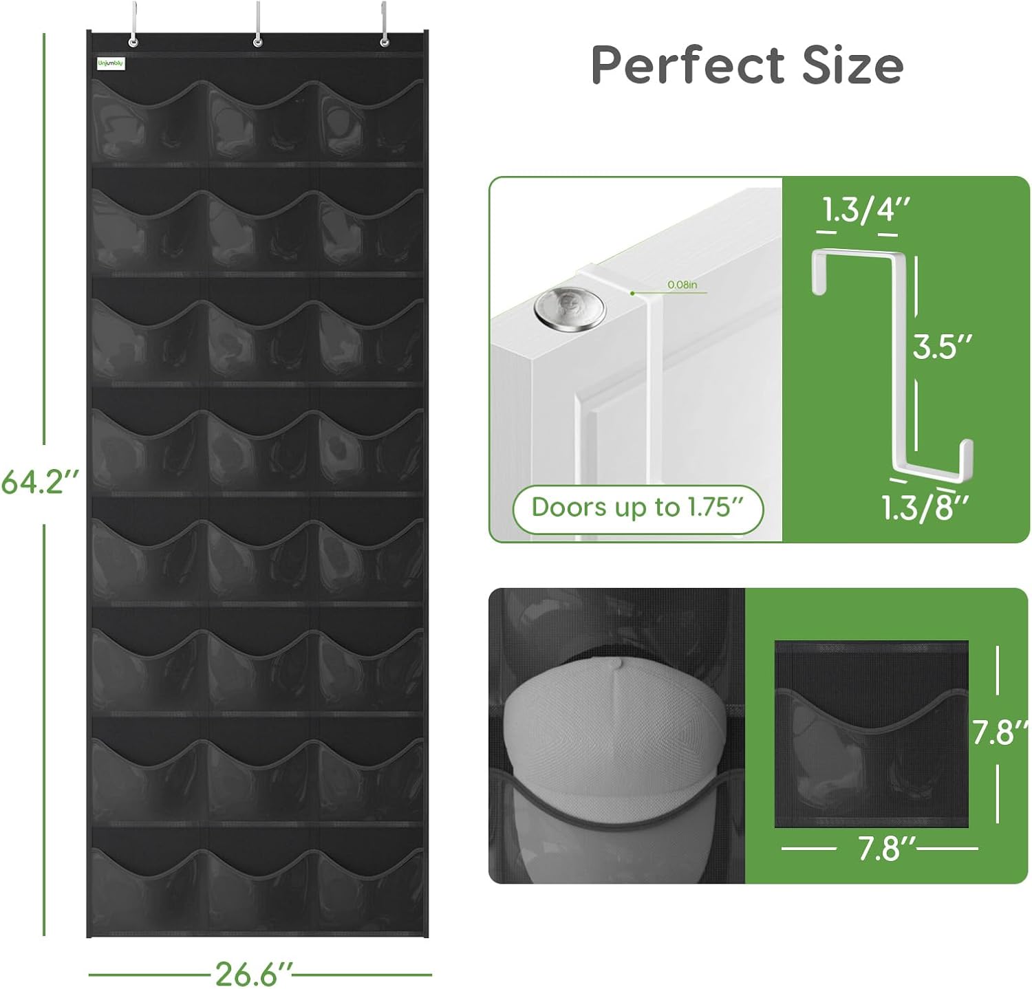 Unjumbly Baseball Hat Rack - 24 Pocket Over-The-Door Organizer with Clear Pockets | Black