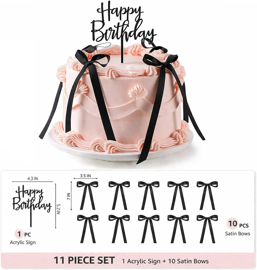 Skiennix Black Satin Cake Bows - 11 Pcs Coquette Bow Toppers with Happy Birthday Sign | Perfect for Birthdays, Weddings, Baby Showers