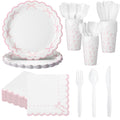 Sieral 144 Pcs Pink Scalloped Bow Party Supplies Coquette Cute Party Supplies Bachelorette Tableware Set Bow Paper Plates Napkins Cups for Girl Boy Baby Shower Wedding Birthday Decoration