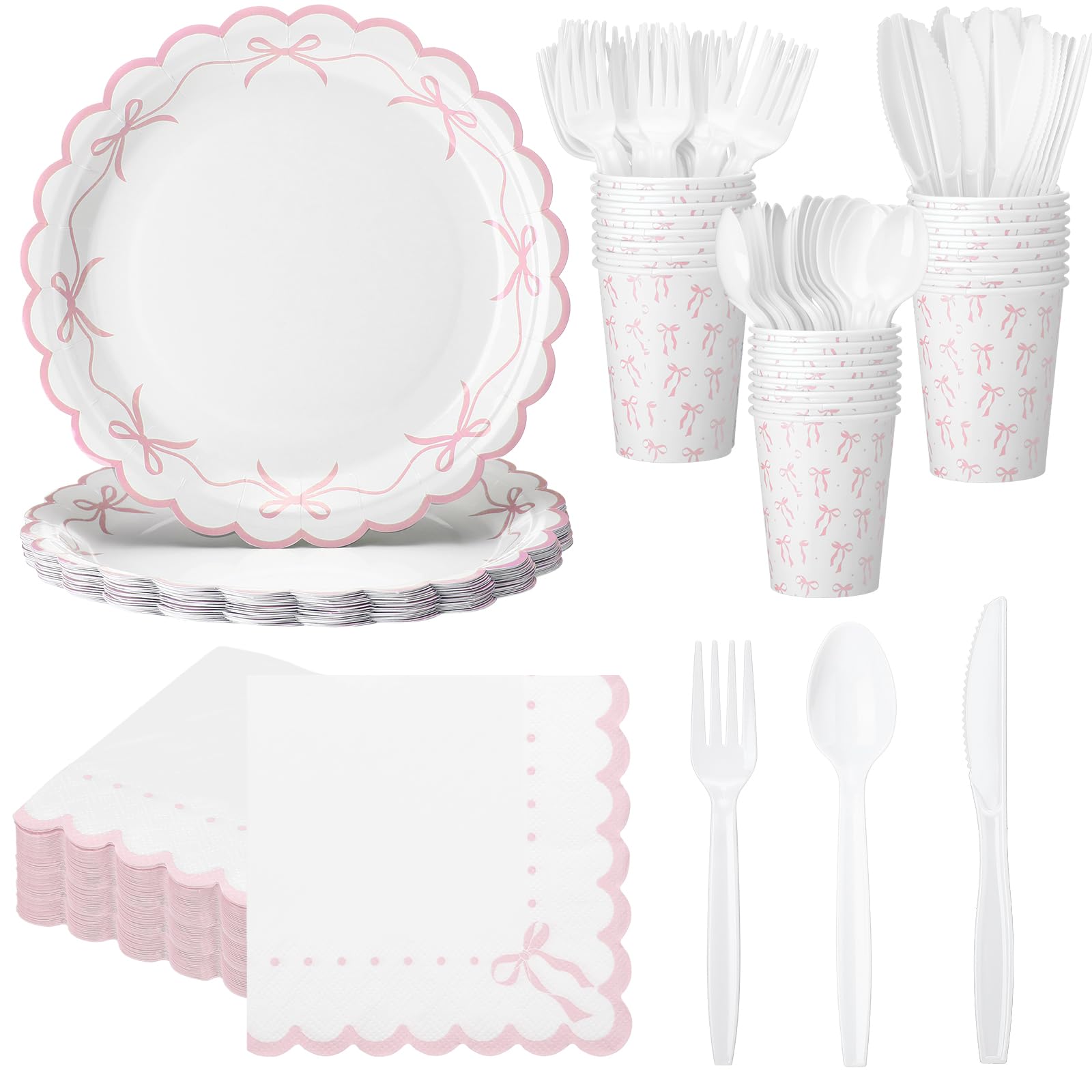 Sieral 144 Pcs Pink Scalloped Bow Party Supplies Coquette Cute Party Supplies Bachelorette Tableware Set Bow Paper Plates Napkins Cups for Girl Boy Baby Shower Wedding Birthday Decoration