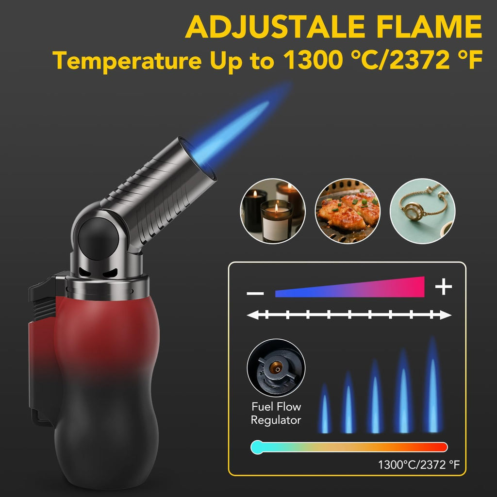 TBTeek Torch Lighter - Portable Kitchen Torch with 45° Rotatable Head & Adjustable Flame | Refillable Butane for Cooking, BBQ, Fireplaces - Red-Black