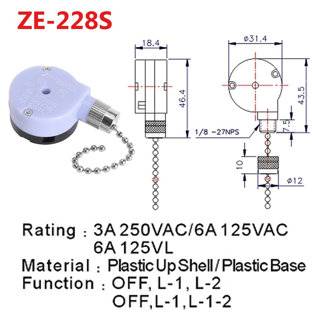 ZE-228s 2 Speed 3 Wire Ceiling Fan Switch Pull Chain Switch Lamps Replacement Parts Ceiling Fan Accessories(Nickel Chain)