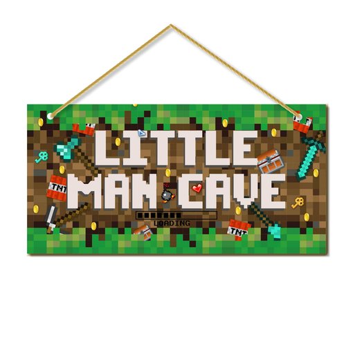 Little Man Cave, Boys Pixel Gaming Room Decor Wooden Door Sign for Gamer Room, Baby Boys Bedroom Wall Decorations for Nursery Toddler Nursery Playroom Wall Art