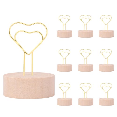 Oubest Gold Table Number Holders & Place Card Holders with Heart-shaped Metal Wire and Wooden Base - 10 PCS Picture Photo Sign Stands for Table, Centerpieces, Wedding, Party, Birthday Decor, Gold