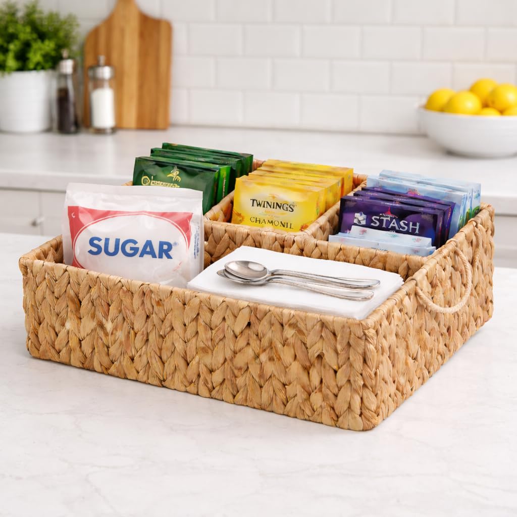 VILSSOVY Storage Basket with Handles, Water Hyacinth Storage Baskets, Wicker Diaper Caddy, Basket with dividers, Countertop Organizer for Bathroom, Living Room, Home(15.75*11.03*5.52 inches)
