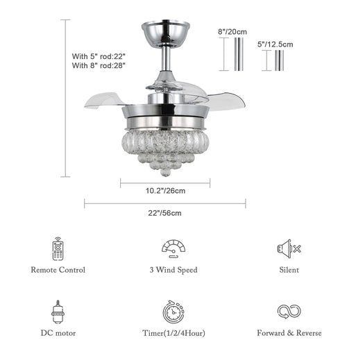 22" LED Crystal Ceiling Fan with Light Bedroom Small Fandeliers Dimmable 6 Speed Timing Chandeleir Fan with Lights for Bedroom Living Room (2201 Silver)