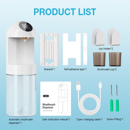 Automatic Mouthwash Dispenser for Bathroom, 20.29 Oz Dispensers with Magnetic Cups,Wall Mounted Dispenser,3 Dispensing Levels,Bathroom Accessories,House-Warming Gifts (White)